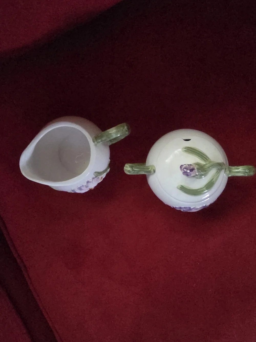 QVC White Ceramic Floral Sugar and Creamer Set with Purple Iris Accents